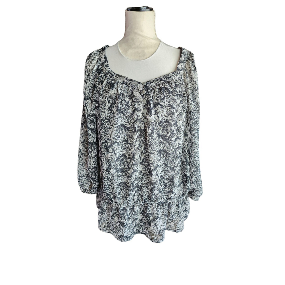Liz Claiborne Gray Floral w/ Cami Acetate Buttons Short Sleeve Blouse Women's XL